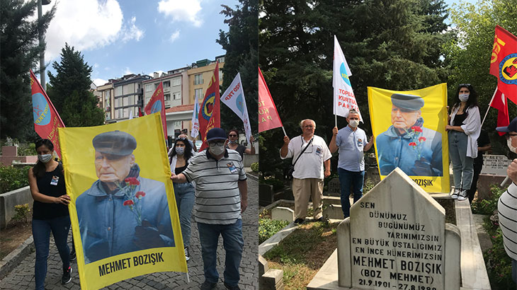 Bozışık'ın fotoğrafının olduğu bir pankart taşınıyor